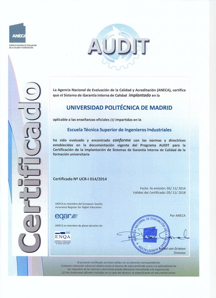 Certificación Audit de ANECA a Escuela Industriales